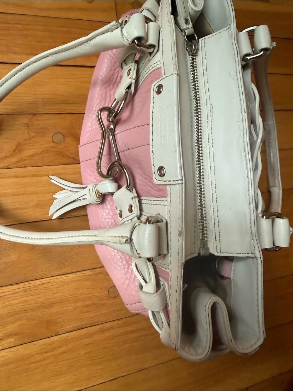 Coach Pink and White Leather Shoulder Tote with Horsebit Accent